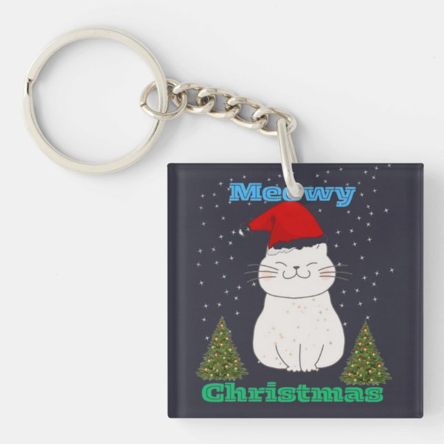 Meowy Christmas Cute Cat Design | Funny Holiday Ca Key Ring (Front)
