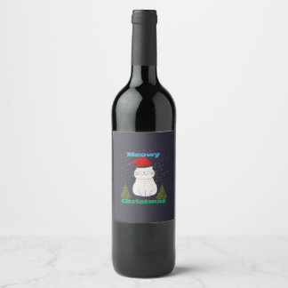 Meowy Christmas Cute Cat Design | Funny Holiday Ca Wine Label