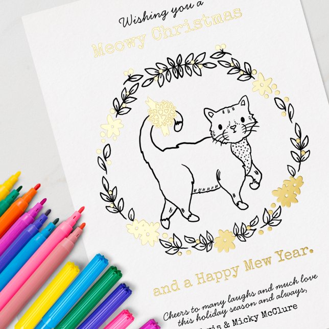 Meowy Christmas Cute Cat Foil Holiday Card (Use markers for best results on these cute color-your-own cards!)