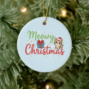 Meowy Christmas - Cute Cat & Gift Box Holiday Ceramic Ornament
