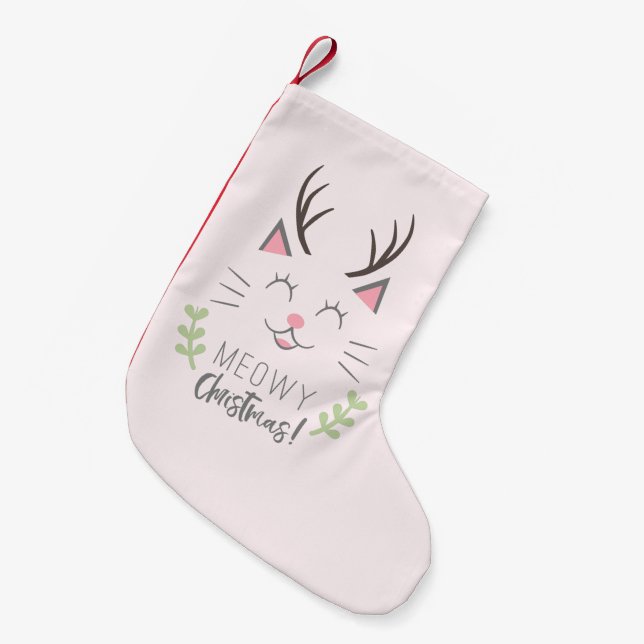 Meowy Christmas | Cute Cat Lovers Illustration Small Christmas Stocking (Front (Hanging))