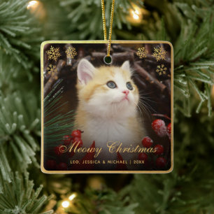 Meowy Christmas Cute Cat Pet Photo Faux Gold Foil Ceramic Ornament