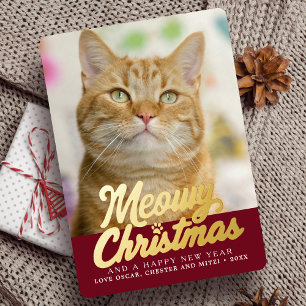Meowy Christmas Cute Cat Photo Christmas Foil Holiday Card