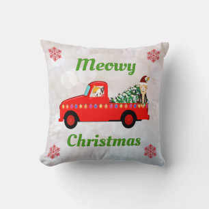 Meowy Christmas Cute Cat Red Truck Snowflakes Cushion