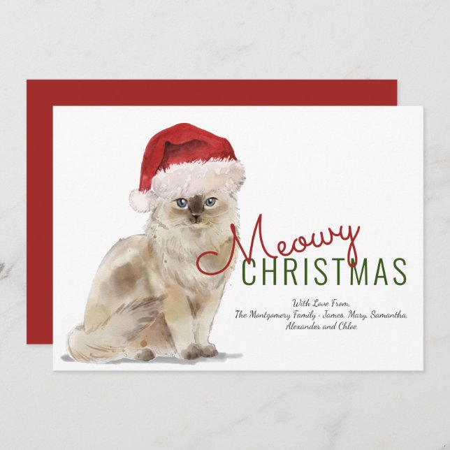 Meowy Christmas Cute Cat Santa Hat Modern Script Holiday Card (Front/Back)