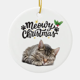 Meowy Christmas Cute Cat Sleeping Ceramic Ornament