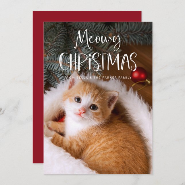 Meowy Christmas | Cute Funny Pet Cat Photo Holiday Card (Front/Back)