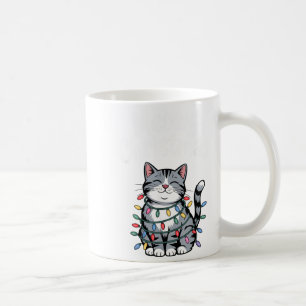 Meowy Christmas Cute Gray Tabby Cat Holiday Lights Coffee Mug