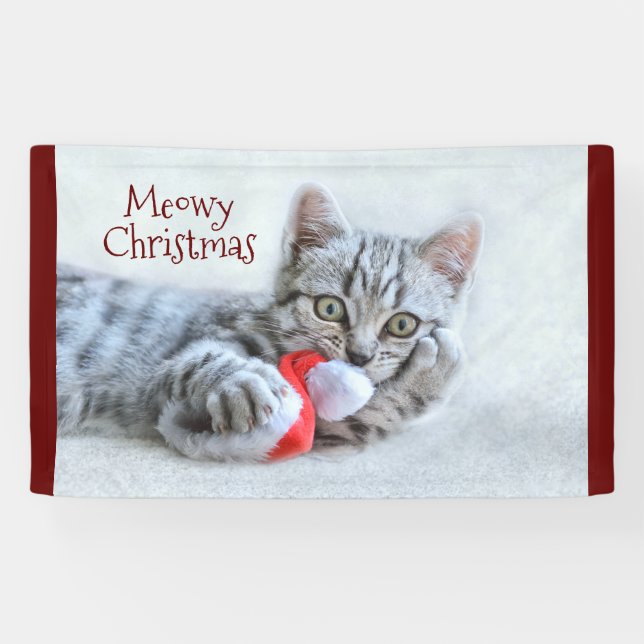 Meowy Christmas Cute Grey Tabby Cat Banner (Horizontal)