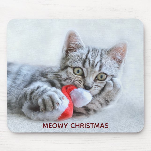 Meowy Christmas Cute Grey Tabby Cat Mouse Pad (Front)