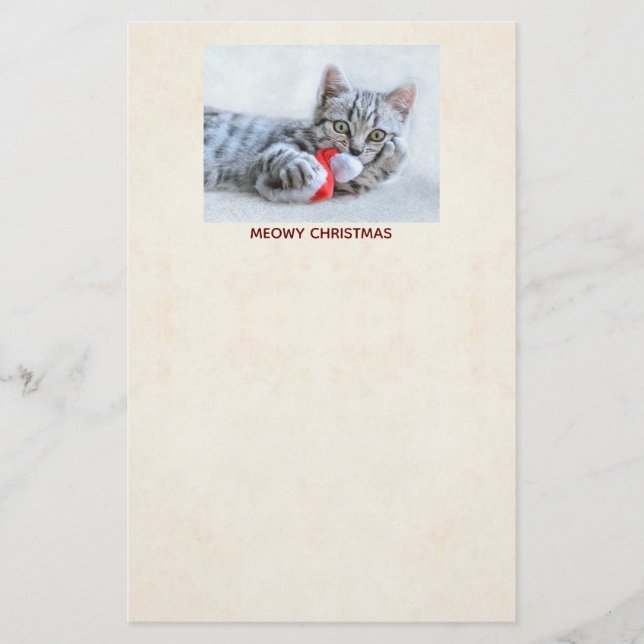 Meowy Christmas Cute Grey Tabby Cat Stationery (Front)