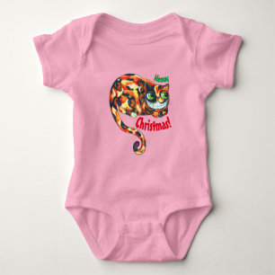 Meowy Christmas Cute Grinning Calico Cat Big Eyes Baby Bodysuit