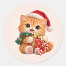 Meowy Christmas Cute Kitten Round Stickers