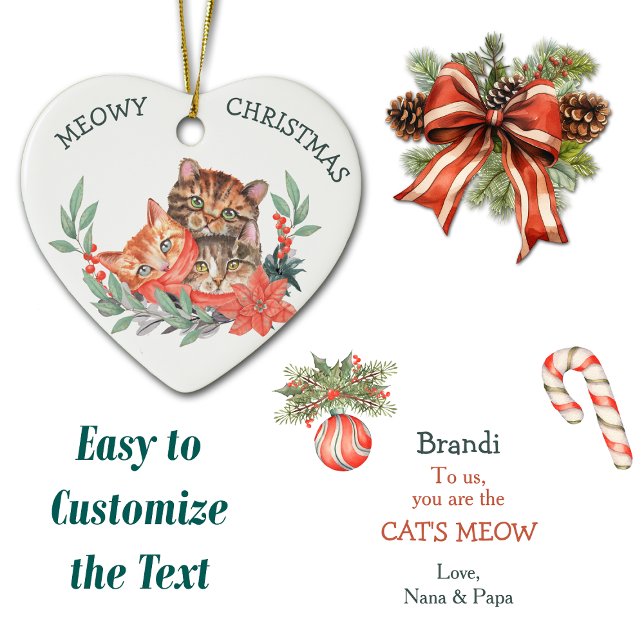 Meowy Christmas Cute Kitten Wreath Kids Ceramic Ornament (Creator Uploaded)