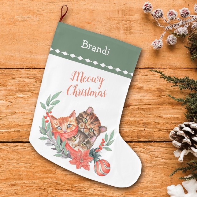 Meowy Christmas Cute Kitten Wreath Large Christmas Stocking (Creator Uploaded)