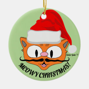 "MEOWY CHRISTMAS" Cute Moustache Cat Festive Ceramic Ornament