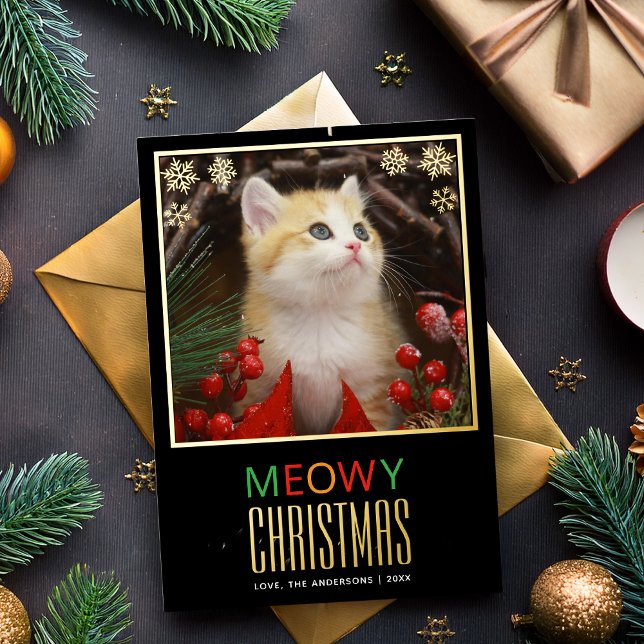 Meowy Christmas Cute Pet Cat Photo & Snowflakes  Foil Holiday Card (Creator Uploaded)