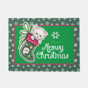 Meowy Christmas Door Mat red and green