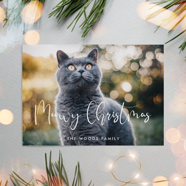 Meowy Christmas Elegant Calligraphy Cat Photo Holiday Card (Creator Uploaded)