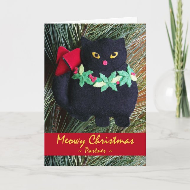 Meowy Christmas for Partner Black Cat Ornament Holiday Card (Front)