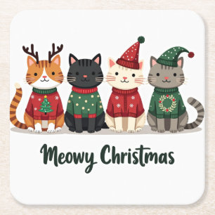 Meowy Christmas Four Cats Square Paper Coaster