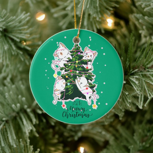 Meowy Christmas | Funny Cat Illustration  Ceramic Ornament (Tree)