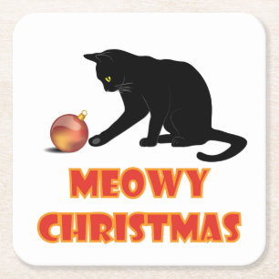 Meowy Christmas Funny Cat Square Paper Coaster