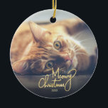 Meowy Christmas Funny Cat Themed Photo Ceramic Ornament<br><div class="desc">Elegant hand-lettered "Meowy Christmas" sticker with letters in faux gold foil on a photo background. Personalise by replacing the sample photo and year. Matching photo holiday cards,  envelopes,  postage stamps,  gift wrapping paper,  etc. are also available in our store.</div>