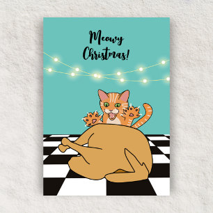 Meowy Christmas Funny Cat Turkey Cartoon Holiday Card