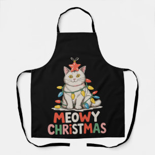Meowy Christmas Funny Cute Cat Xmas Lights Holiday Apron