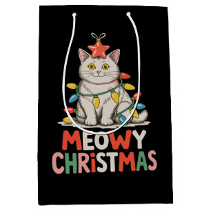 Meowy Christmas Funny Cute Cat Xmas Lights Holiday Medium Gift Bag