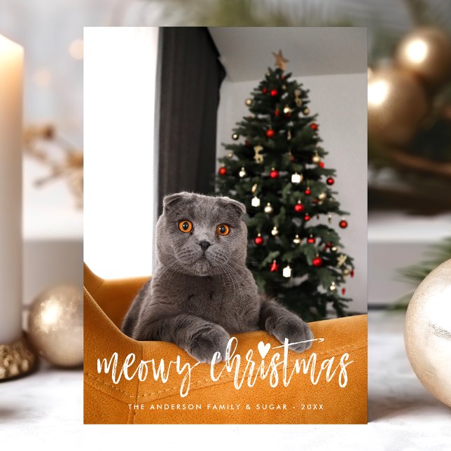 Meowy Christmas Funny Modern Script Pet Cat Photo Holiday Card (Creator Uploaded)