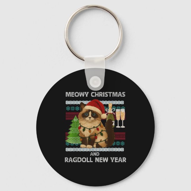 Meowy Christmas Funny Ragdoll Cat Santa Hat Ugly S Key Ring (Front)