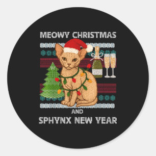 Meowy Christmas Funny Sphynx Cat Santa Hat Ugly Sw Classic Round Sticker