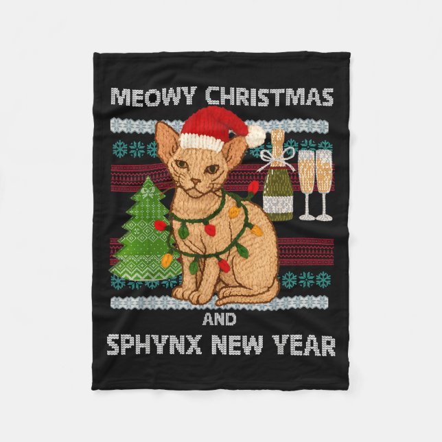 Meowy Christmas Funny Sphynx Cat Santa Hat Ugly Sw Fleece Blanket (Front)