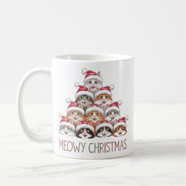 Meowy Christmas Funny Stacked Cats – Cute Holiday  Coffee Mug (Left)