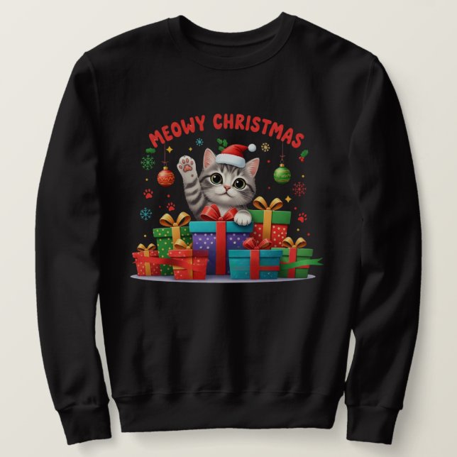Meowy Christmas Gift Cat – Cute Holiday T-Shirt Sweatshirt (Design Front)
