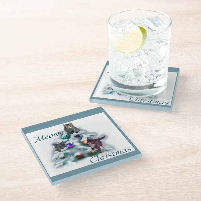 Meowy Christmas Glass Coaster (Angled)