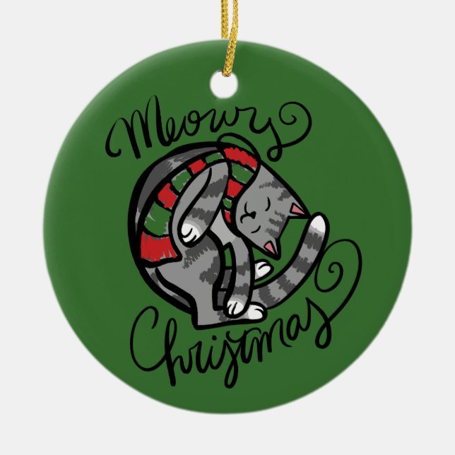 Meowy Christmas Grey Cat Art                       Ceramic Ornament (Front)