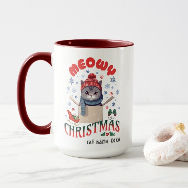 Meowy Christmas Grumpy Grey Cat Mug (With Donut)