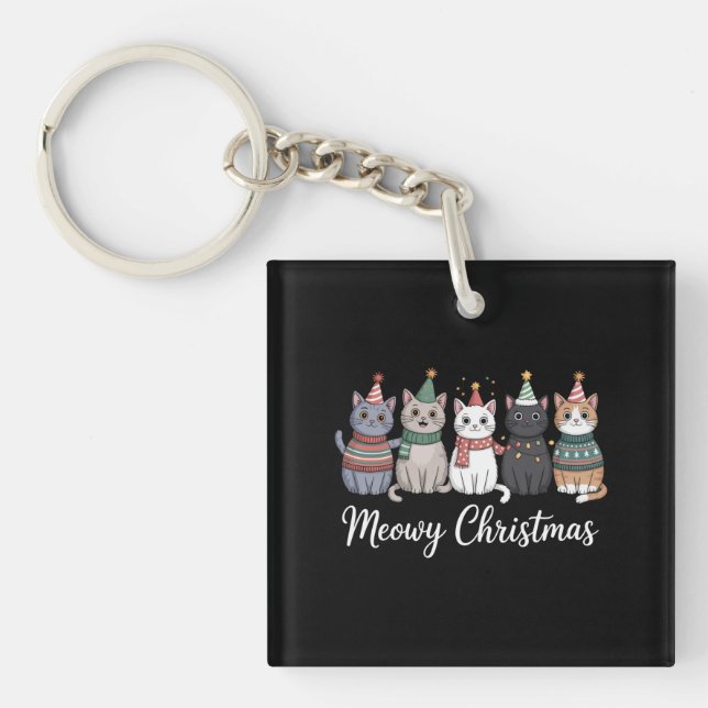 Meowy Christmas Happy Cat Year Cat Lover Xmas Key Ring (Front)