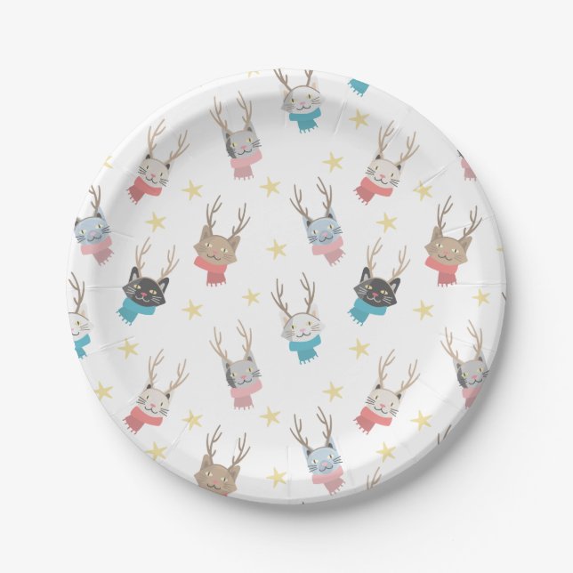 'Meowy Christmas' Holiday Cats In Antlers Pattern Paper Plate (Front)