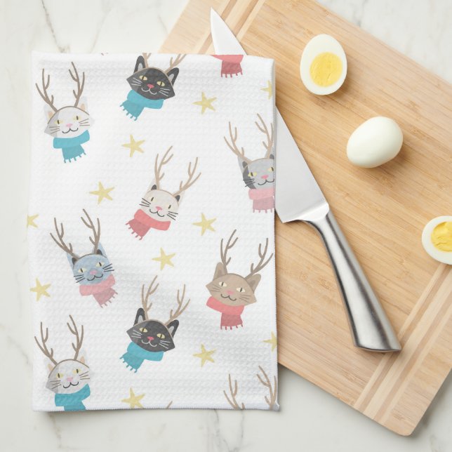 'Meowy Christmas' Holiday Cats In Antlers Pattern Tea Towel (Quarter Fold)