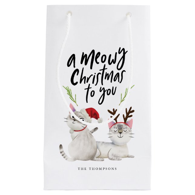 Meowy Christmas Kitty Cat Santa Antlers Small Gift Bag (Front)