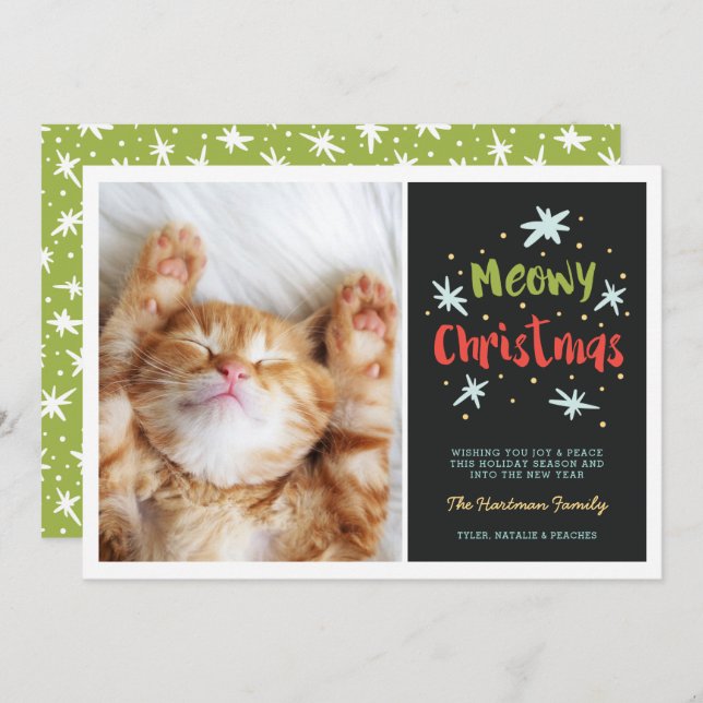 Meowy Christmas Kitty Modern Christmas Photo Green Holiday Card (Front/Back)