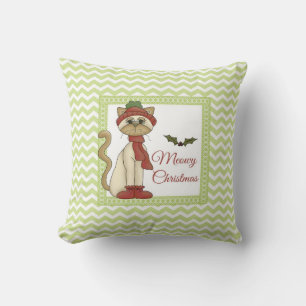Meowy Christmas Kitty w/green chevron background Cushion