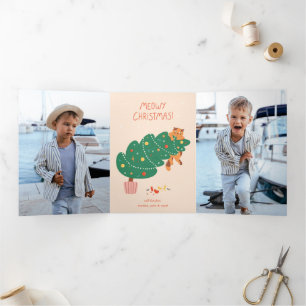 Meowy Christmas - Mischievous Feline Fun Tri-Fold Holiday Card
