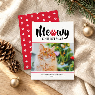 Meowy Christmas Modern Red Cat Photo Holiday Card