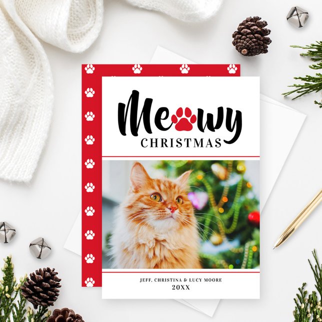 Meowy Christmas Modern Red Cat Photo Holiday Card (Creator Uploaded)