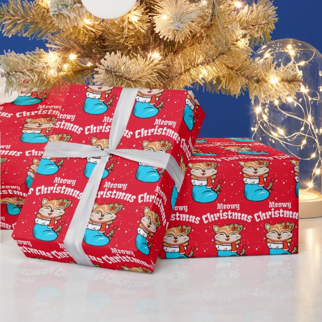 Meowy Christmas Pattern Funny Cat Christmas Wrappi Wrapping Paper (Holidays)